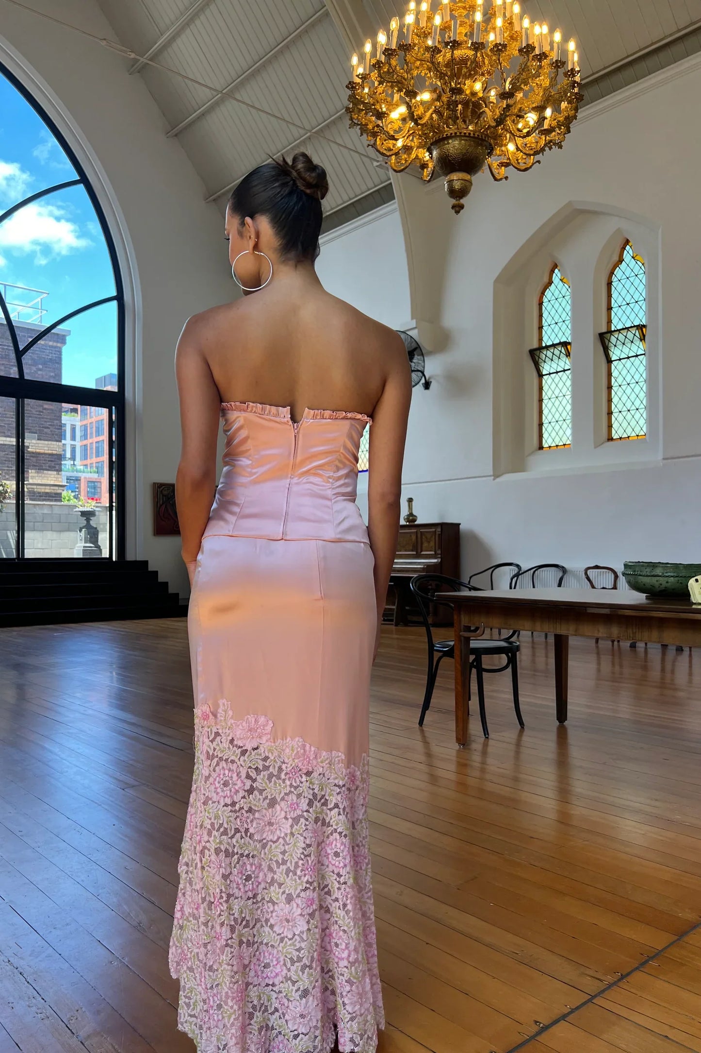 Vestido de noche largo estilo sirena con escote corazón de satén rosa vintage, con encaje, TP2438