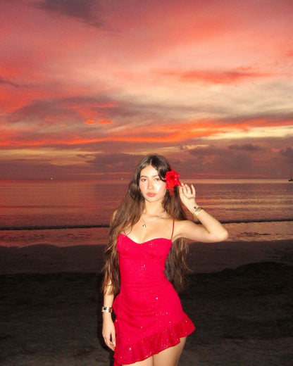 Vestido de fiesta corto con volantes y tirantes finos en rojo, sexy, TP2439