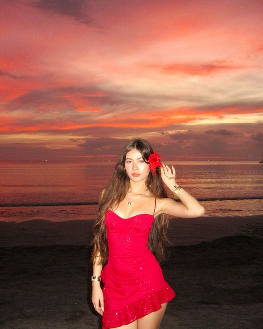 Vestido de fiesta corto con volantes y tirantes finos en rojo, sexy, TP2439