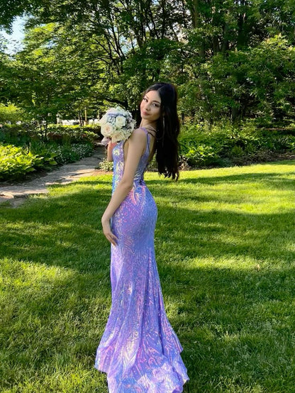 Hermoso vestido de fiesta largo de sirena con tirantes morados, vestido de noche TP2447