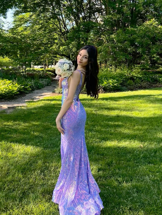 Hermoso vestido de fiesta largo de sirena con tirantes morados, vestido de noche TP2447