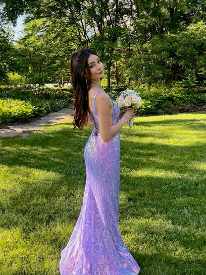 Hermoso vestido de fiesta largo de sirena con tirantes morados, vestido de noche TP2447