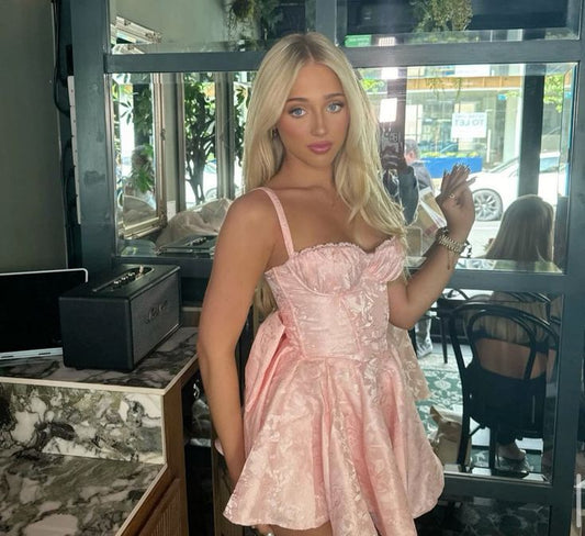 Sweetheart Pink Spaghetti Strap Bow Mini Birthday Party Dress Homecoming Dress TP2449