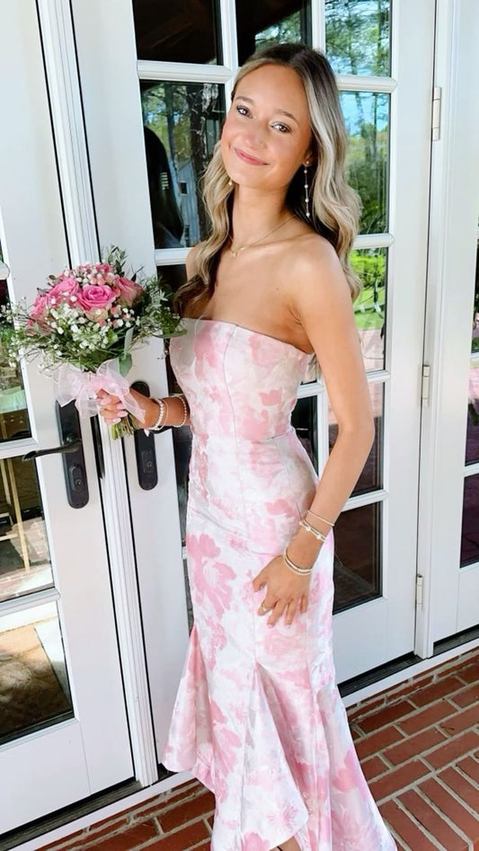 Elegante vestido de fiesta largo de sirena sin tirantes con estampado rosa, vestido de dama de honor TP2468