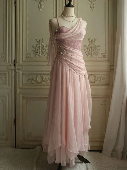 Vestido de fiesta largo vintage con tirantes rosas y perlas, vestido de noche TP2469