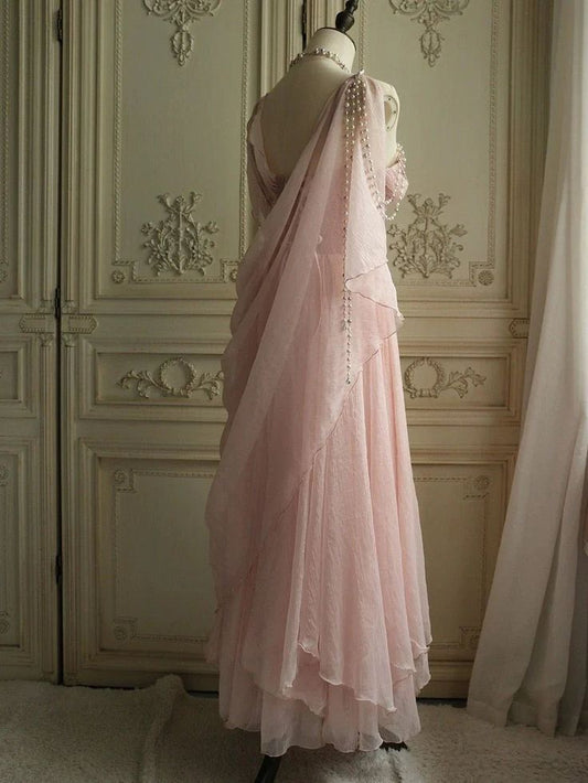 Vestido de fiesta largo vintage con tirantes rosas y perlas, vestido de noche TP2469