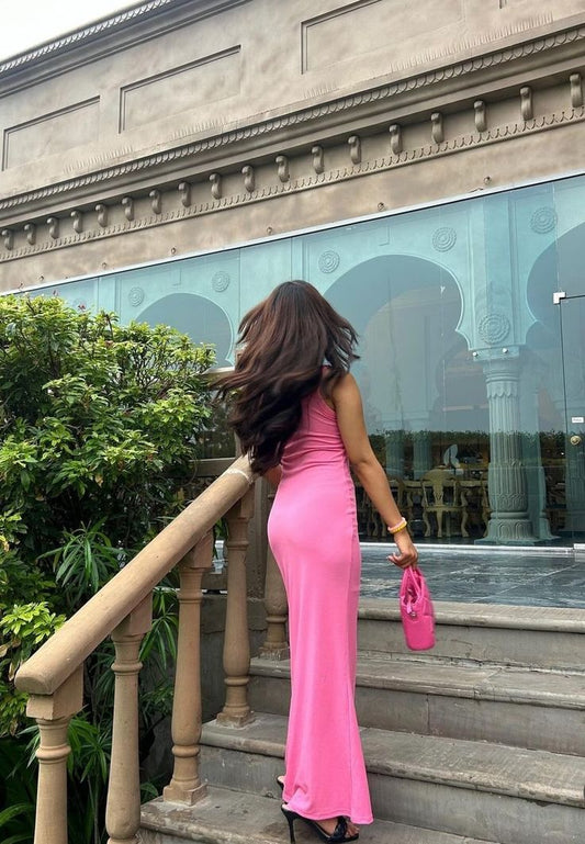 Elegante vestido de noche rosa con tirantes finos y corte sirena, ajustado y largo para fiesta de graduación TP2476