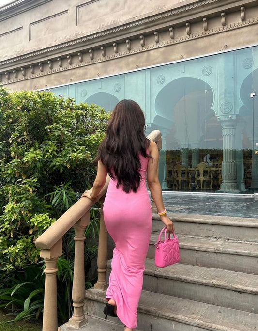 Elegante vestido de noche rosa con tirantes finos y corte sirena, ajustado y largo para fiesta de graduación TP2476