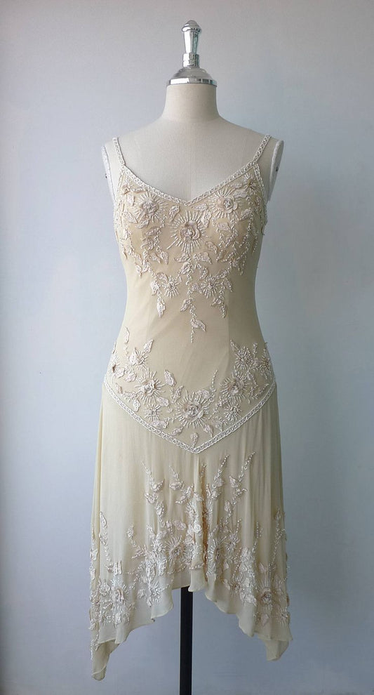 Vestido de noche vintage de gasa con escote en V y tirantes finos color marfil TP2485