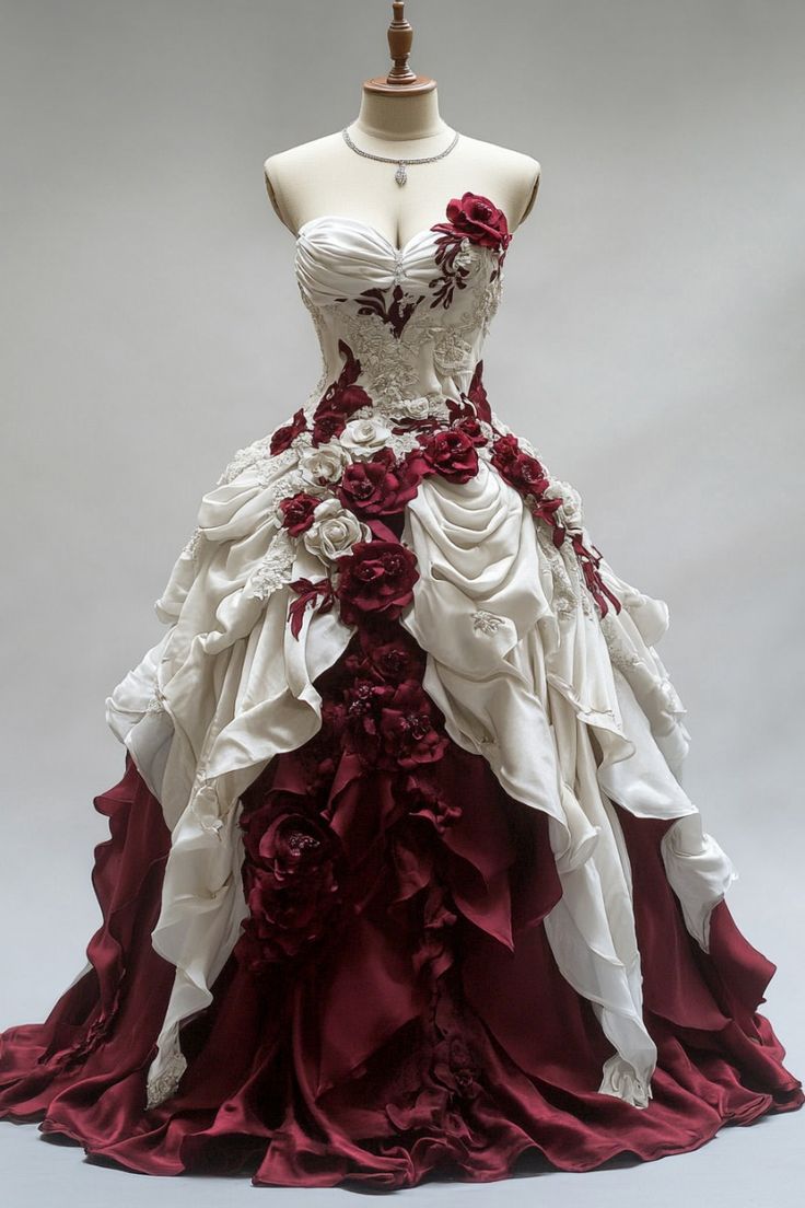 Vestido de noche largo vintage blanco y rojo sin tirantes, con escote corazón y flores 3D plisado, TP2488