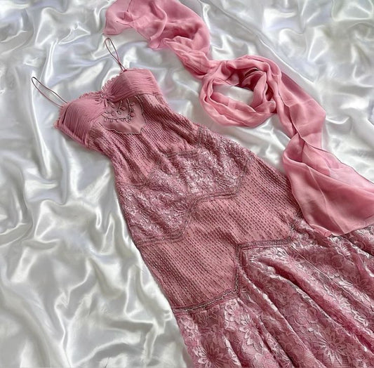 Vestido de fiesta largo vintage rosa sin tirantes con encaje TP2494