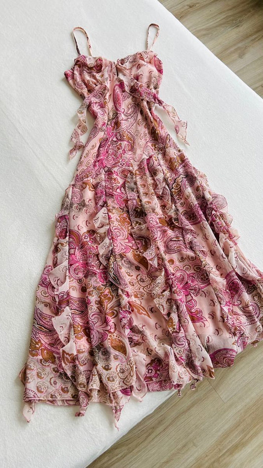 Vestido de noche vintage de gasa sin mangas, con escote en V y estampado, corte A, TP2498