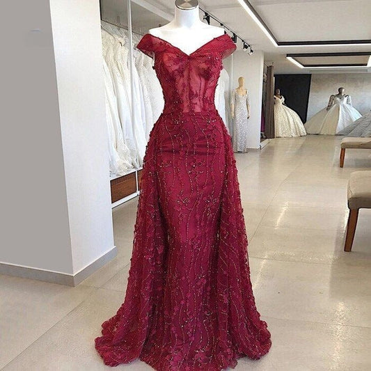 Vestido de noche largo estilo sirena, sexy, rojo, con hombros descubiertos, escote en V y cuentas, TP2500