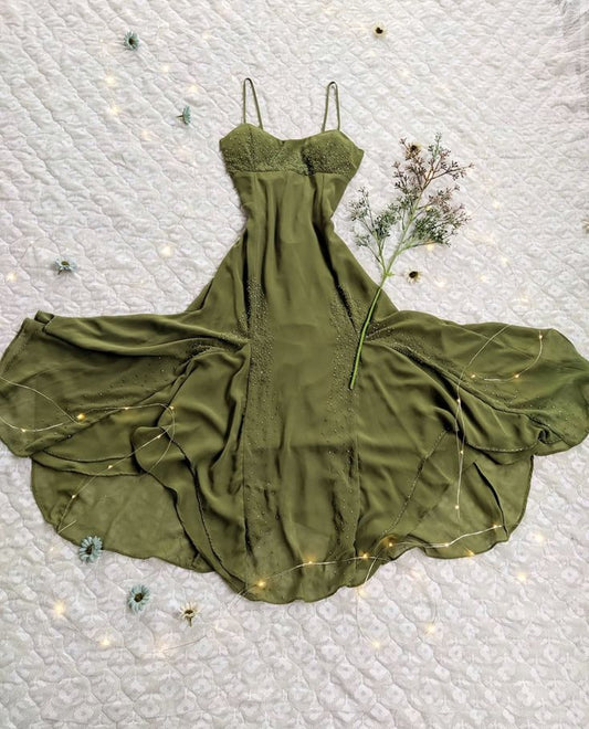 Vestido de noche clásico suave, sin tirantes, corte A, de gasa verde con cuentas, TP2502