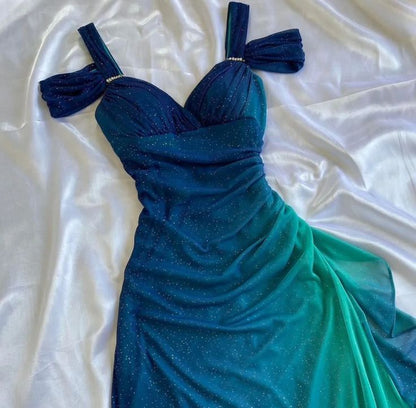 Vestido de noche largo vintage de gasa con degradado azul verdoso brillante y diseño único con tirantes, TP2505