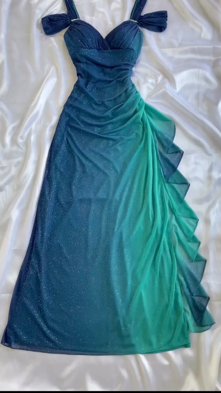 Vestido de noche largo vintage de gasa con degradado azul verdoso brillante y diseño único con tirantes, TP2505