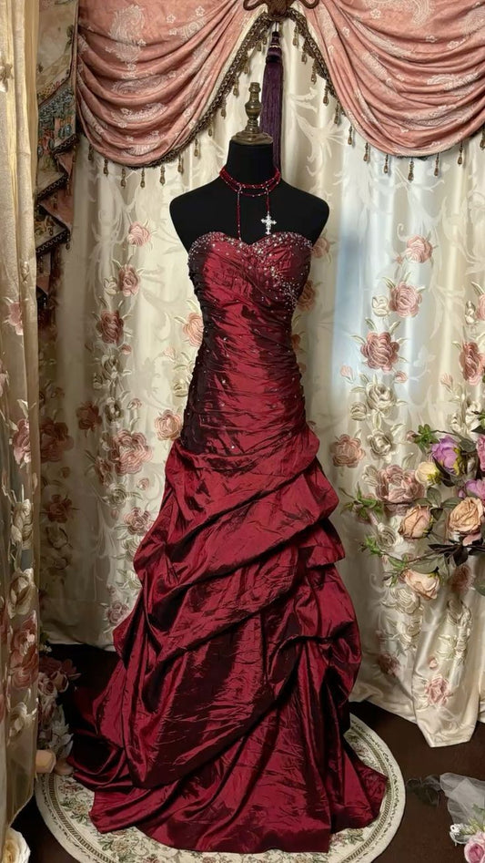 Vestido de noche vintage burdeos sin tirantes, escote corazón, corte sirena, largo, TP2507