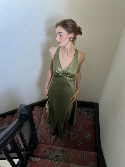 Vestido de noche elegante de satén verde con cuello halter y espalda descubierta, corte A, TP2509