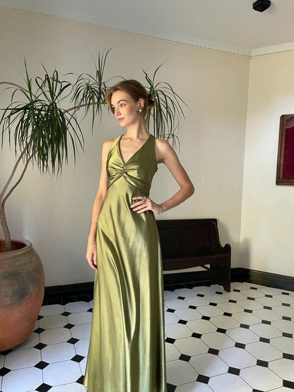 Halterneck Elegant Green Backless Satin A-Line Prom Dress Evening Gown TP2509