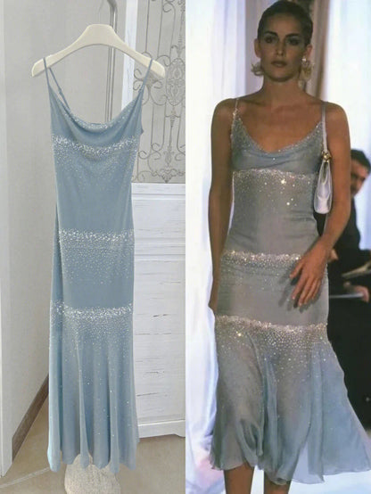 Vestido de fiesta de sirena con tirantes finos, sin mangas, sencillo, con lentejuelas azules, vestido de noche TP2510