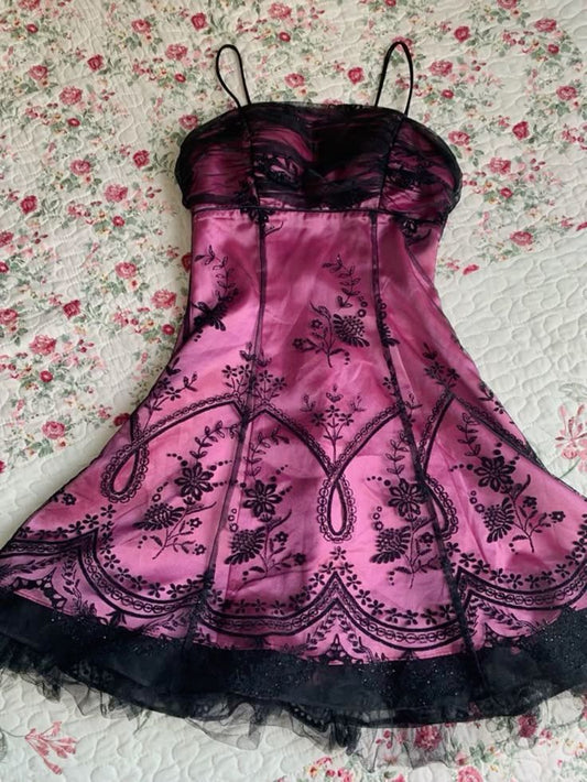 Vintage Spaghetti Strap Pink Lace Short Party Dress Homecoming Dress TP2512