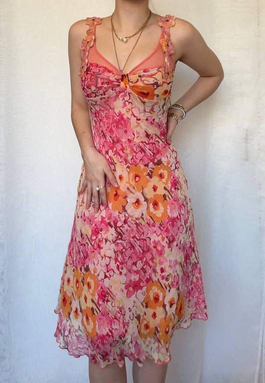 Vestido de noche vintage de gasa con cuello en V, sin mangas y estampado rosa, TP2517