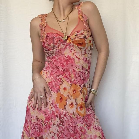 Vestido de noche vintage de gasa con cuello en V, sin mangas y estampado rosa, TP2517
