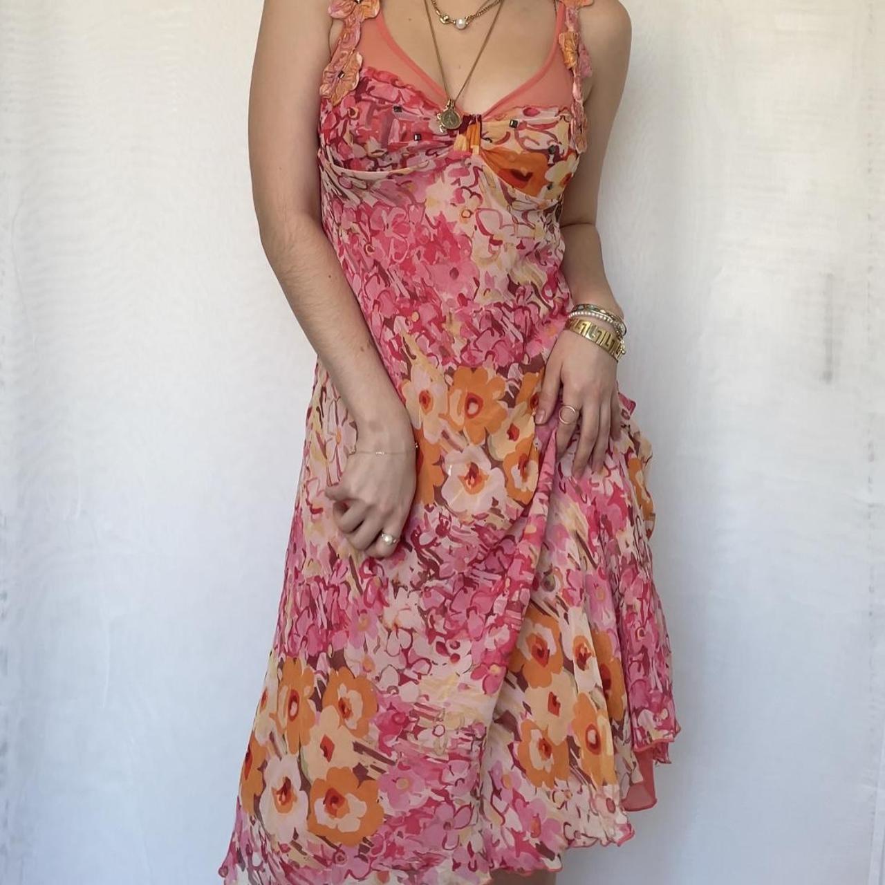 Vestido de noche vintage de gasa con cuello en V, sin mangas y estampado rosa, TP2517