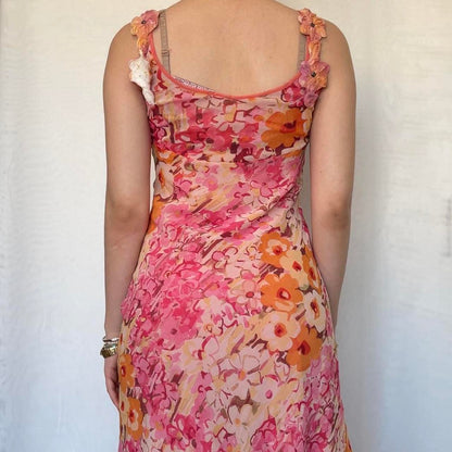 Vestido de noche vintage de gasa con cuello en V, sin mangas y estampado rosa, TP2517