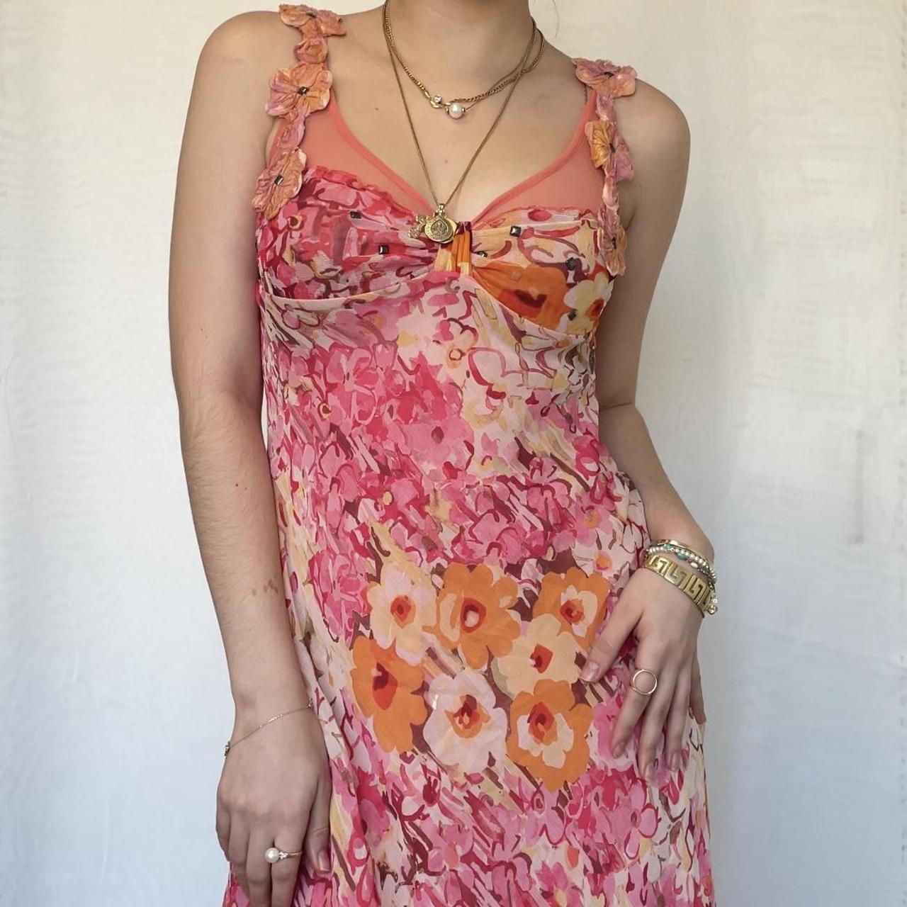 Vestido de noche vintage de gasa con cuello en V, sin mangas y estampado rosa, TP2517