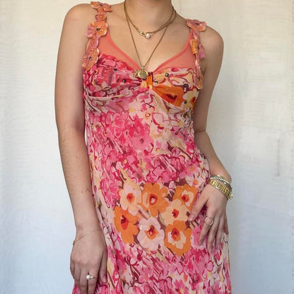 Vestido de noche vintage de gasa con cuello en V, sin mangas y estampado rosa, TP2517