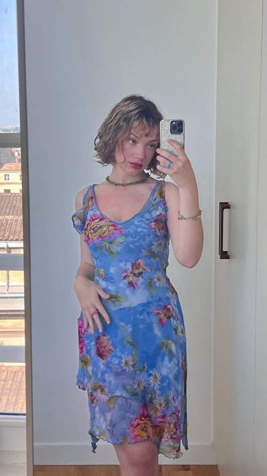 Vestido de fiesta de gasa sin tirantes, estampado azul vintage, TP2518