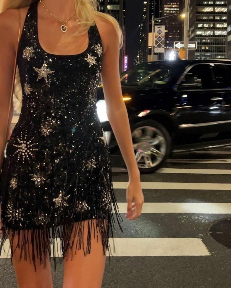 Shiny Black Sleeveless Star Sequined Tassel Mini Party Dress Homecoming Dress TP2520