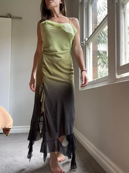 Vestido de noche de gasa con tirantes finos, sin mangas y volantes, largo hasta los tobillos, color verde degradado, TP2523