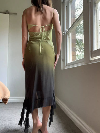 Vestido de noche de gasa con tirantes finos, sin mangas y volantes, largo hasta los tobillos, color verde degradado, TP2523
