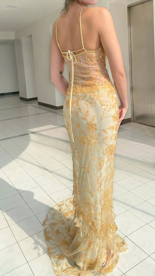 Hermoso vestido de fiesta largo de sirena con tirantes finos, sin mangas, con lentejuelas y cuentas, hasta el suelo, TP2525