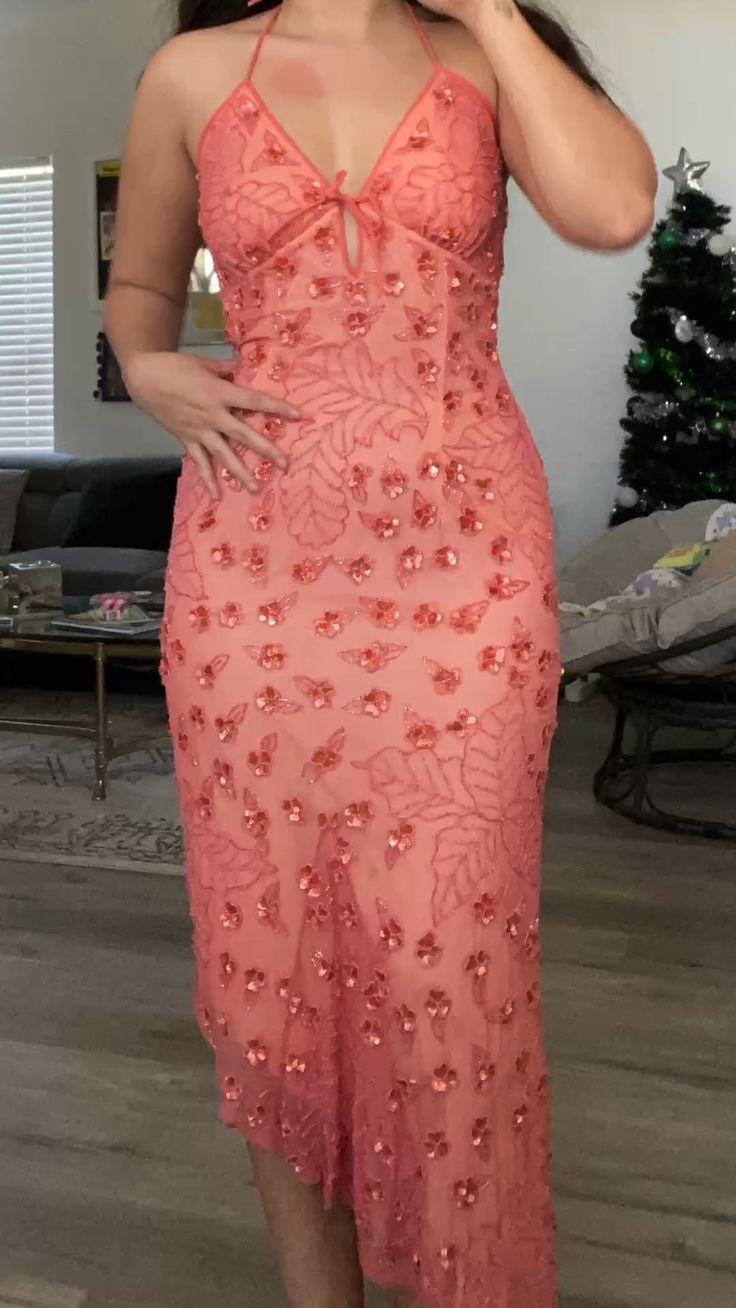 Vestido de noche largo vintage rosa con cuello halter y lentejuelas, TP2527