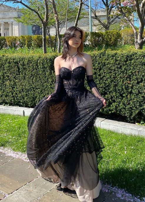 Elegante vestido de noche negro sin tirantes, escote corazón, de tul, largo, corte A, TP2529