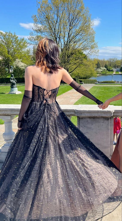 Elegante vestido de noche negro sin tirantes, escote corazón, de tul, largo, corte A, TP2529