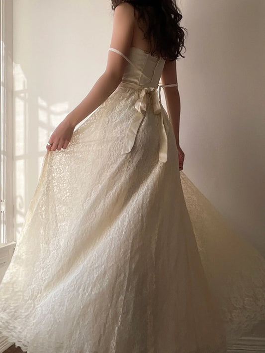 Vestido de novia vintage color marfil con tirantes finos y encaje, corte A, TP2530