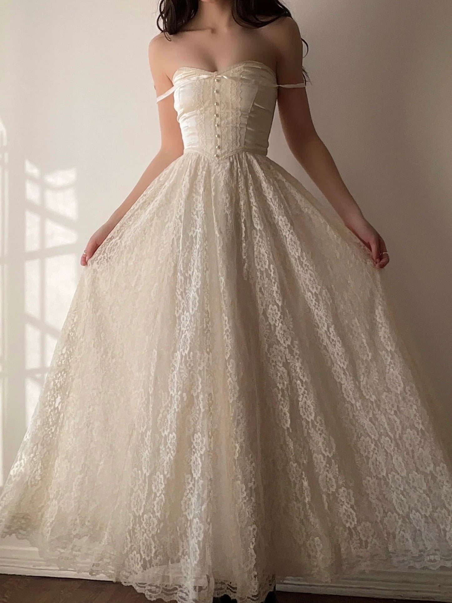 Vestido de novia vintage color marfil con tirantes finos y encaje, corte A, TP2530