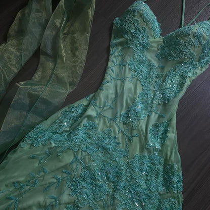 Vestido de fiesta vintage verde con escote en V, sin mangas, con lentejuelas y encaje, falda irregular, vestido de noche TP2531