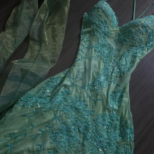 Vestido de fiesta vintage verde con escote en V, sin mangas, con lentejuelas y encaje, falda irregular, vestido de noche TP2531