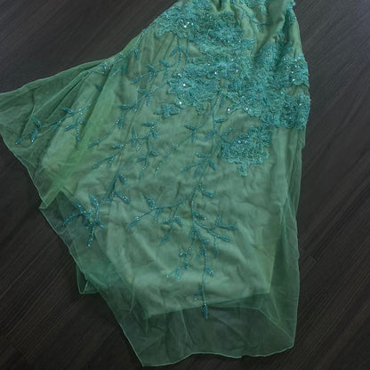 Vestido de fiesta vintage verde con escote en V, sin mangas, con lentejuelas y encaje, falda irregular, vestido de noche TP2531