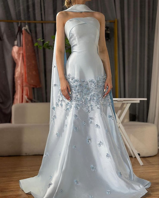 Elegante vestido de noche azul de satén sin tirantes, corte A, largo hasta el suelo, para fiesta de graduación, TP2532