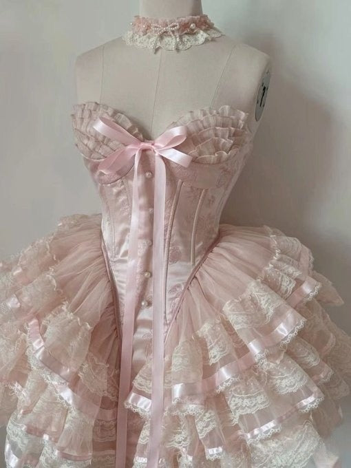 Sweetheart Pink Lace Strapless Sweetheart Neck Tiered A-Line Birthday Party Dress Homecoming Dress TP2533