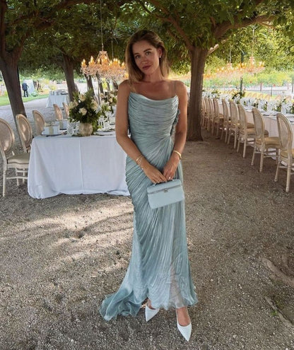 Elegante vestido de noche azul con tirantes finos, sin mangas, plisado y espalda descubierta, largo y formal, TP2536