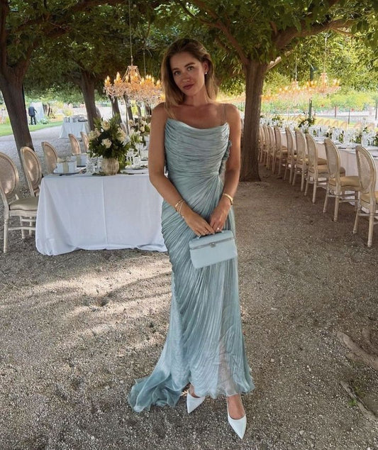Elegante vestido de noche azul con tirantes finos, sin mangas, plisado y espalda descubierta, largo y formal, TP2536