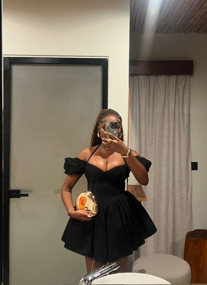 Classic Black Off Shoulder Halter Neck A-Line Mini Party Dress Homecoming Dress TP2540