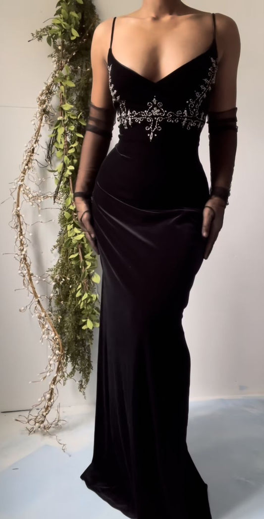 Vestido de fiesta vintage de terciopelo negro con tirantes finos y corte sirena, sin espalda, TP2543